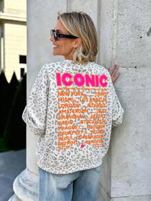 SHEIN LUNE Women's Leopard Print Letter Graphic Long Sleeve Sweatshirt, Vacation Vibe Streetwear - White - View 8