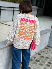 SHEIN LUNE Women's Leopard Print Letter Graphic Long Sleeve Sweatshirt, Vacation Vibe Streetwear - White - View 6