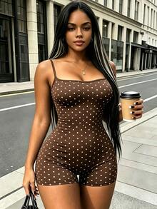 Rovax Romper Camisole Wanita Motif Polkadot Pas Badan Tanpa Jahitan di Bagian Depan & Belakang - Coklat - View 1
