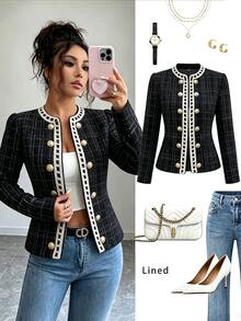 RosyDaze Gold Braided Lace Trim Heavy Metal Button Black Tweed Round Neck Jacket, Suitable For Commuting, Banquet, Date, Daily Wear, All Seasons - Black - View 2