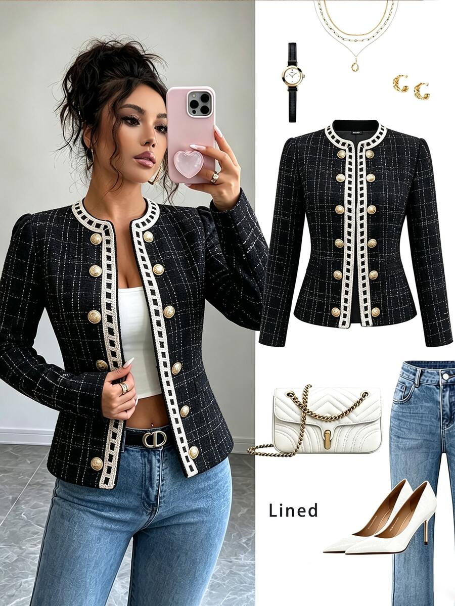 RosyDaze Gold Braided Lace Trim Heavy Metal Button Black Tweed Round Neck Jacket, Suitable For Commuting, Banquet, Date, Daily Wear, All Seasons