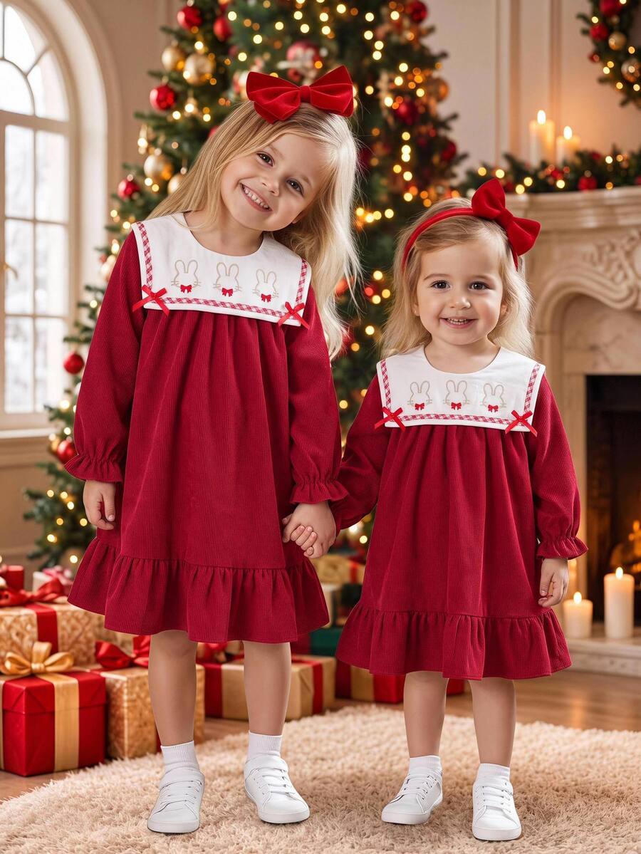 Baby Girl Cartoon Rabbit Pattern Bow Decor Ruffle Hem Cute Dress - Red - View 1