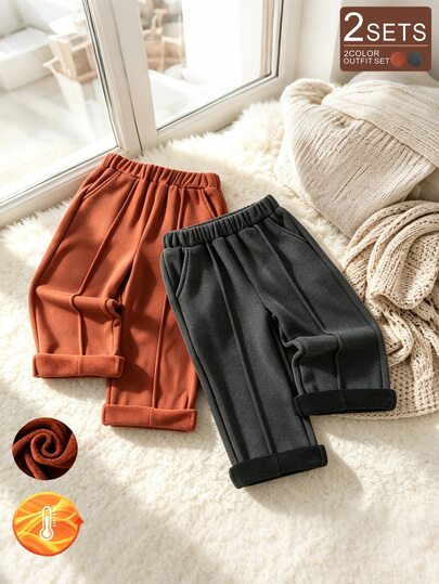 2pcs Girls Gentle Korean Style Winter Thermal Lined Wide Leg Casual Pants, Soft Ribbed Fabric, Thermal Lining, Warm & Cozy, Dark Brown & Dark Grey Colors Available, Versatile For Sweaters, Sweatshirts, Jackets