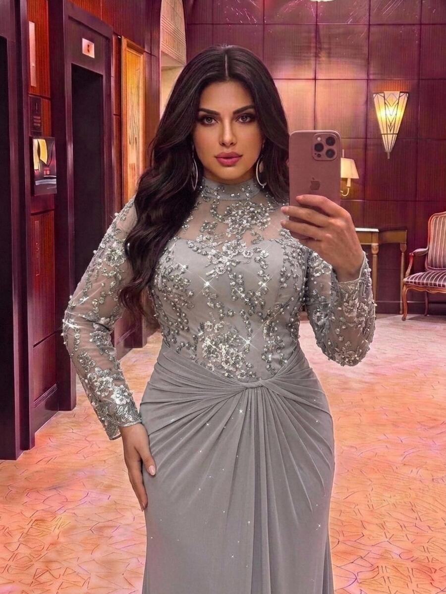 Serin Große Größen elegantes, klassisches, romantisches Abendkleid mit Rundhalsausschnitt, besticktem Mesh, langen Ärmeln, Perlen, Strass, geraffter A-Linie, für Hochzeit, Abendessen, Grau