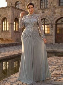 Serin Große Größen elegantes, klassisches, romantisches Abendkleid mit Rundhalsausschnitt, besticktem Mesh, langen Ärmeln, Perlen, Strass, geraffter A-Linie, für Hochzeit, Abendessen, Grau - Hellgrau - Übersicht 7