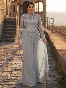 Serin Große Größen elegantes, klassisches, romantisches Abendkleid mit Rundhalsausschnitt, besticktem Mesh, langen Ärmeln, Perlen, Strass, geraffter A-Linie, für Hochzeit, Abendessen, Grau - Hellgrau - Übersicht 8