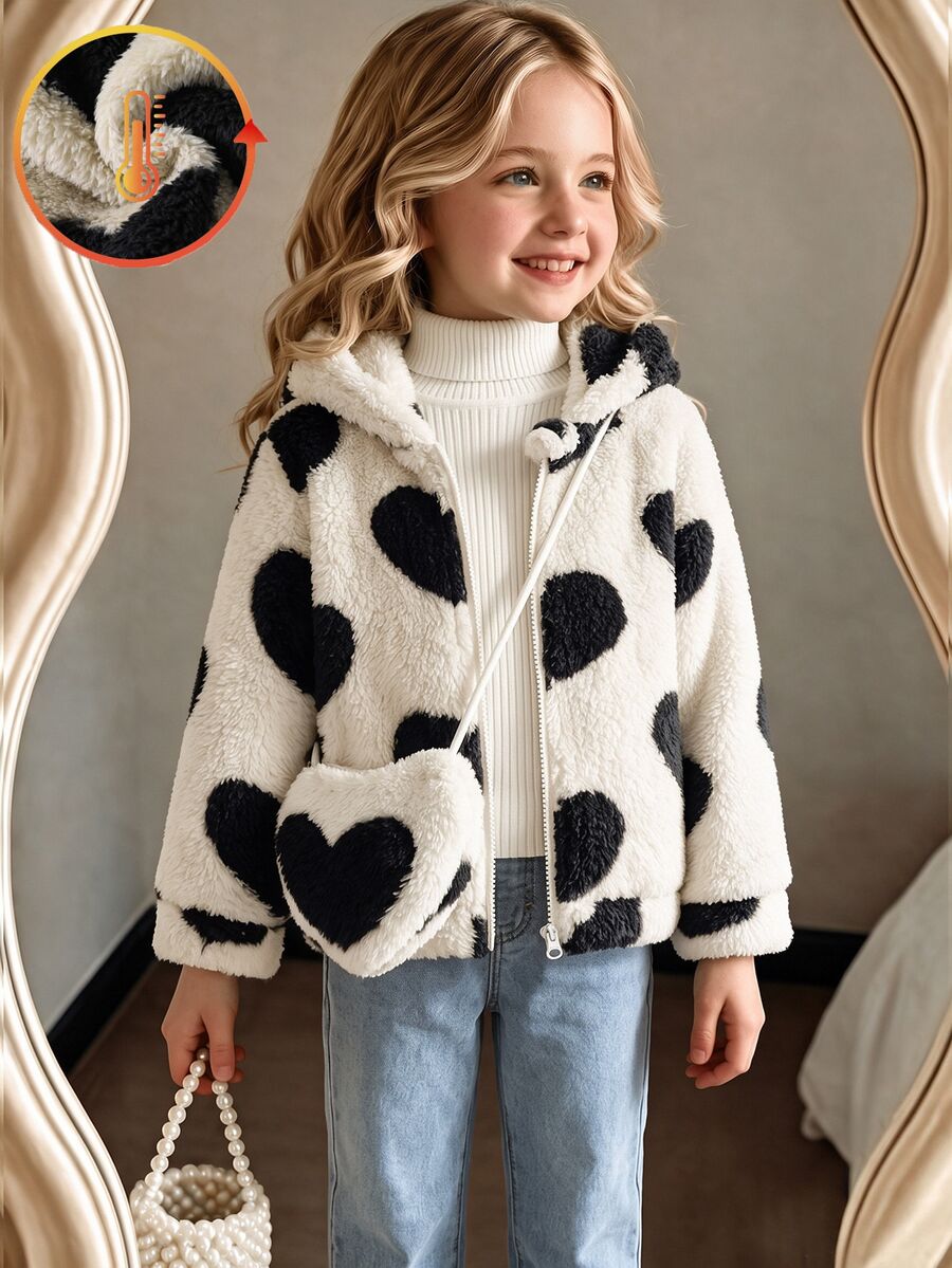 Elladie kids جاكيت فروي أسود لطيف وحلو للبنات مع حقيبة صغيرة على شكل قلب، مناسب للارتداء اليومي والمناسبات المتعددة، مثالي للخريف/الشتاء