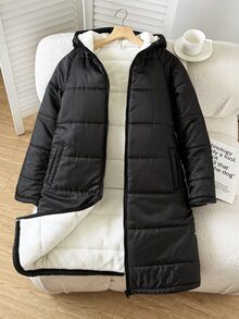 SHEIN Teen Girl Hooded Thermal Lined Long Coat - Black - View 3