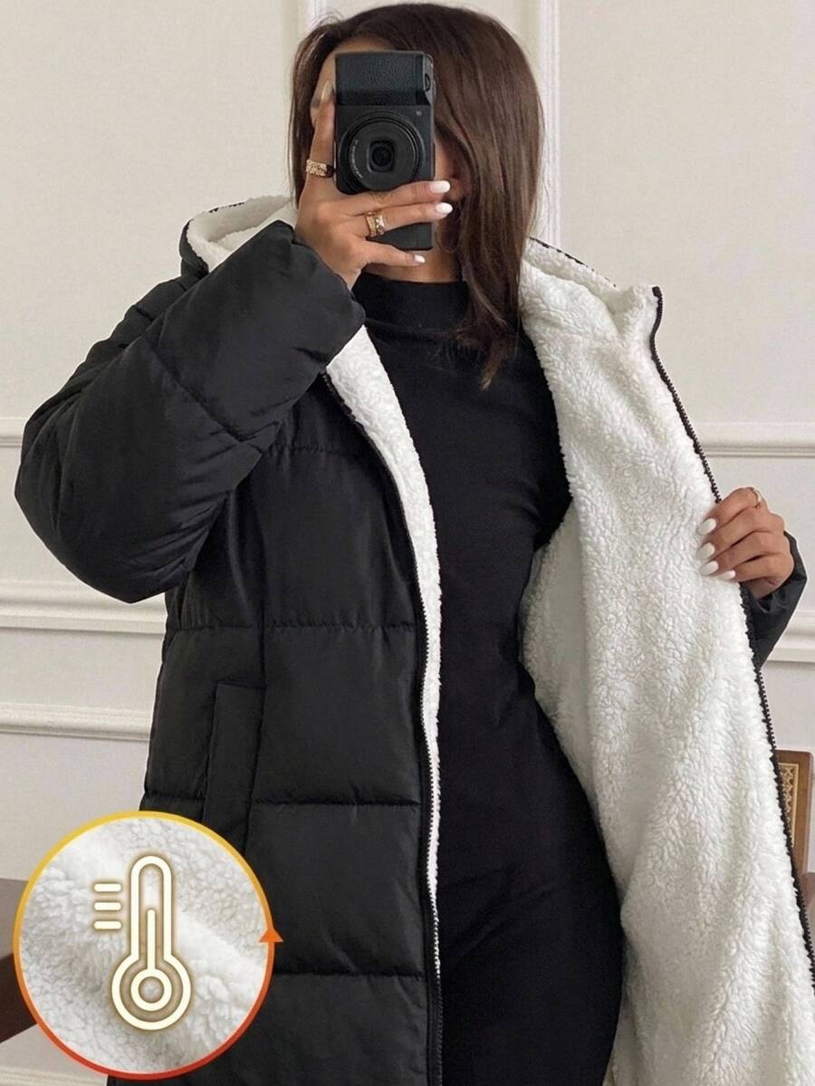 SHEIN Teen Girl Hooded Thermal Lined Long Coat - Black - View 1