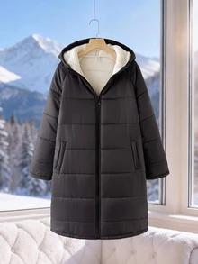 SHEIN Teen Girl Hooded Thermal Lined Long Coat - Black - View 2