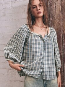 SoleilVie Boho Casual Woven Plaid Short Sleeve Loose Fit Blouse For Women - Multicolor - View 6