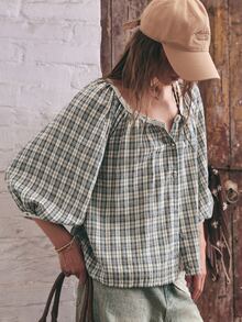 SoleilVie Boho Casual Woven Plaid Short Sleeve Loose Fit Blouse For Women - Multicolor - View 7