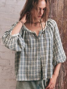 SoleilVie Boho Casual Woven Plaid Short Sleeve Loose Fit Blouse For Women - Multicolor - View 4