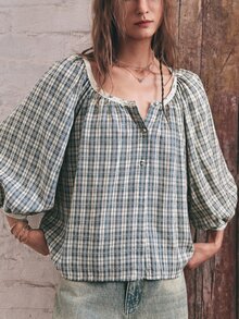 SoleilVie Boho Casual Woven Plaid Short Sleeve Loose Fit Blouse For Women - Multicolor - View 3