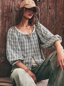 SoleilVie Boho Casual Woven Plaid Short Sleeve Loose Fit Blouse For Women - Multicolor - View 5