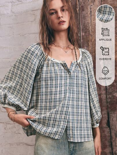 SoleilVie Boho Casual Woven Plaid Short Sleeve Loose Fit Blouse For Women