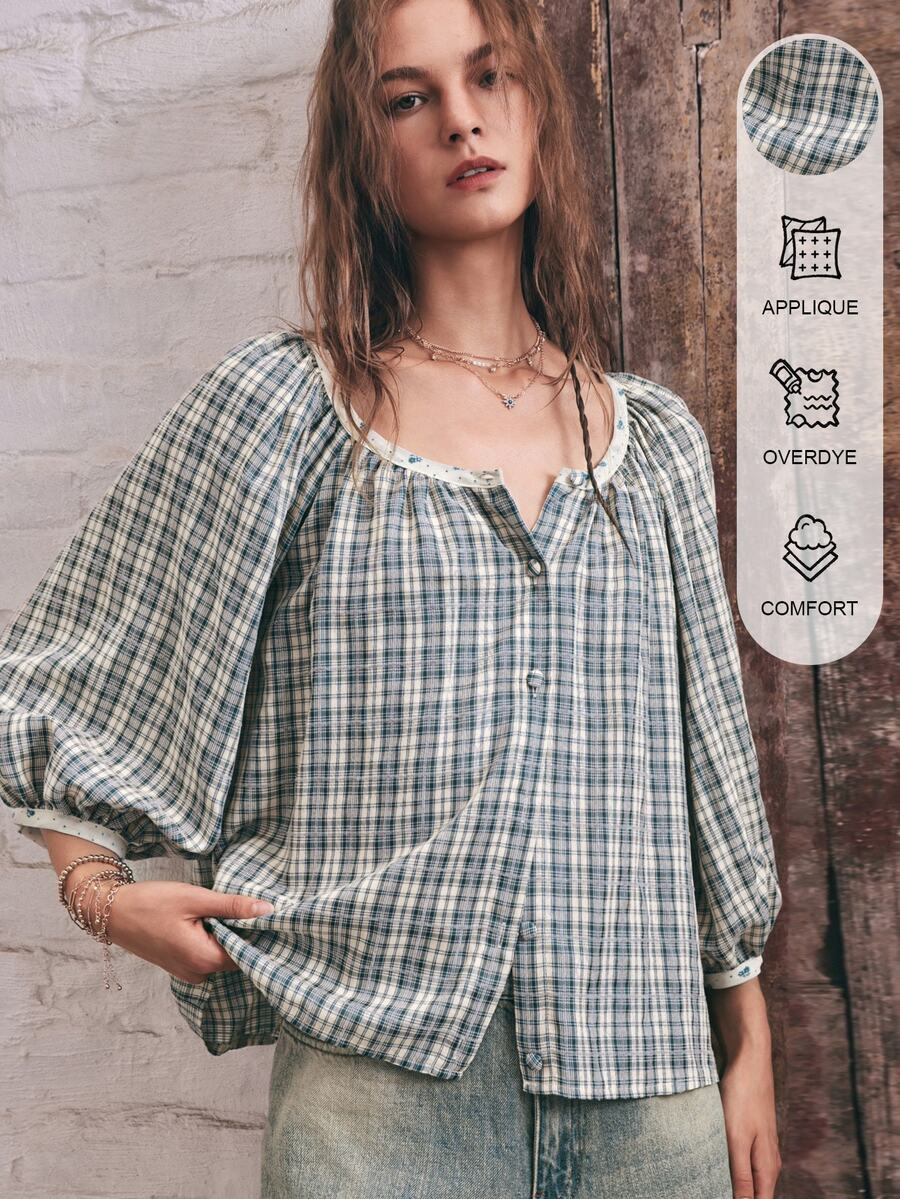 SoleilVie Boho Casual Woven Plaid Short Sleeve Loose Fit Blouse For Women - Multicolor - View 1