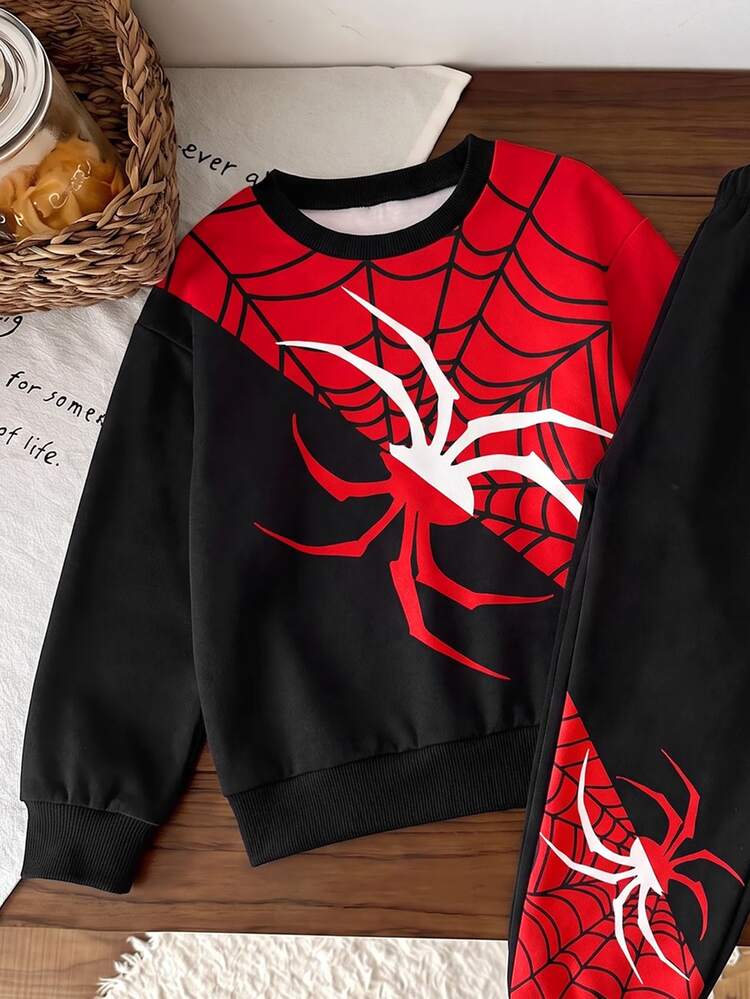 Setelan 2pcs Sweatshirt Lengan Panjang dan Celana Olahraga Kasual Longgar Nyaman untuk Anak Laki-Laki, Cocok untuk Musim Gugur/Musim Dingin, Motif Laba-laba Klasik dan Keren, Motif Jaring Laba-laba - MultiWarna - View 4
