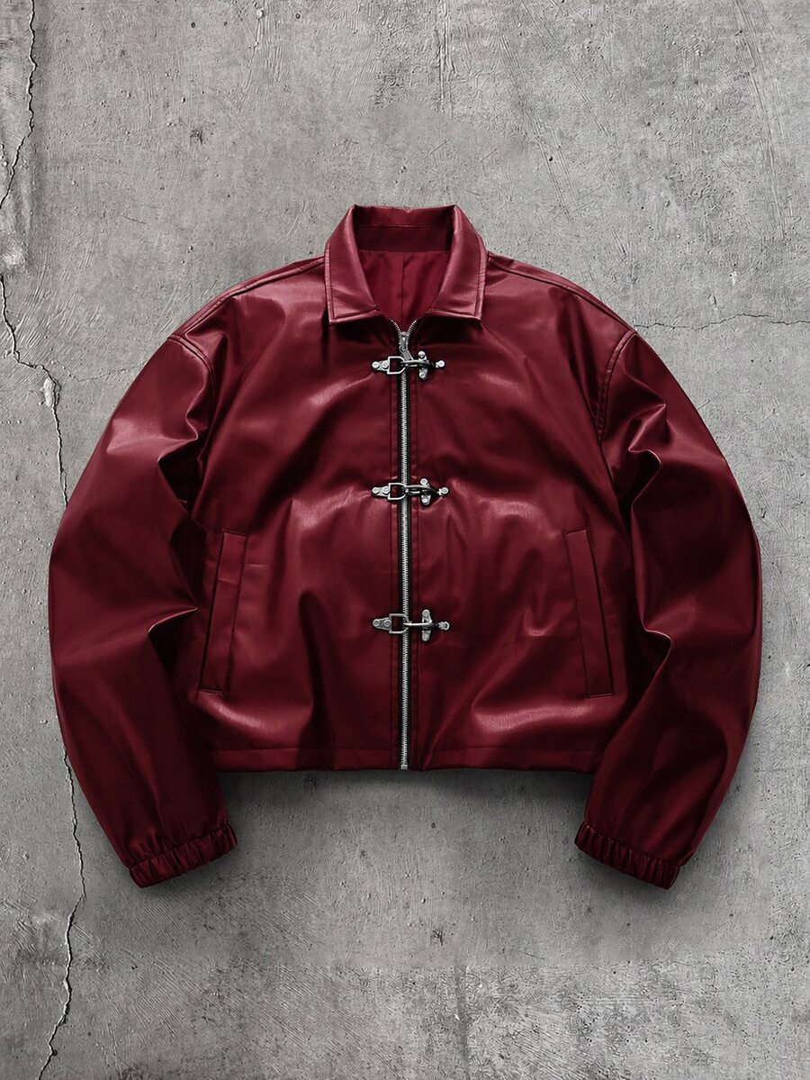 AXEPEAK Men's Lapel Collar Long Sleeve Jacket With Snap Button Placket, Style - Burgundy - View 1