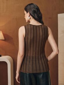 Anewsta Early Autumn Brown Vertical Stripe Rhinestone Fitted Mesh Sleeveless Tank Top, Versatile Layering Camisole For Commuting And Dating, Women's - Brown - View 7