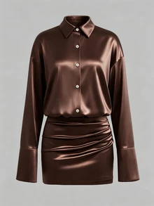 Cévolie Premium Brown Satin Lazy Loose Long Sleeve Slimming Ruched Hot Girl Shirt-Style Bodycon Mini Skirt For Women - Coffee - View 4