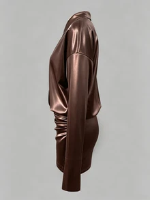 Cévolie Premium Brown Satin Lazy Loose Long Sleeve Slimming Ruched Hot Girl Shirt-Style Bodycon Mini Skirt For Women - Coffee - View 3