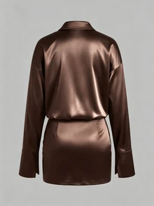 Cévolie Premium Brown Satin Lazy Loose Long Sleeve Slimming Ruched Hot Girl Shirt-Style Bodycon Mini Skirt For Women - Coffee - View 2