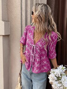 SHEIN LUNE Women's Blue Base White Floral Hollow Embroidery Front Tie Loose 3/4 Sleeve Blouse, Suitable For Commuting, Spring/Summer Daily Wear, Elegant Party, Valentine's Day, Casual Top, Blue Top, Vacation, Beach Vacation Summer Holiday, Commuting, Summer Top, Spring, Inner Layer Top, Summer, Elegant Top, Work Top, Office Wear, Social Top/Work Top, Office - Red Violet - View 6