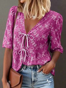 SHEIN LUNE Women's Blue Base White Floral Hollow Embroidery Front Tie Loose 3/4 Sleeve Blouse, Suitable For Commuting, Spring/Summer Daily Wear, Elegant Party, Valentine's Day, Casual Top, Blue Top, Vacation, Beach Vacation Summer Holiday, Commuting, Summer Top, Spring, Inner Layer Top, Summer, Elegant Top, Work Top, Office Wear, Social Top/Work Top, Office - Red Violet - View 3