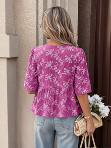 SHEIN LUNE Women's Blue Base White Floral Hollow Embroidery Front Tie Loose 3/4 Sleeve Blouse, Suitable For Commuting, Spring/Summer Daily Wear, Elegant Party, Valentine's Day, Casual Top, Blue Top, Vacation, Beach Vacation Summer Holiday, Commuting, Summer Top, Spring, Inner Layer Top, Summer, Elegant Top, Work Top, Office Wear, Social Top/Work Top, Office - Red Violet - View 2