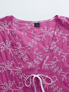 SHEIN LUNE Women's Blue Base White Floral Hollow Embroidery Front Tie Loose 3/4 Sleeve Blouse, Suitable For Commuting, Spring/Summer Daily Wear, Elegant Party, Valentine's Day, Casual Top, Blue Top, Vacation, Beach Vacation Summer Holiday, Commuting, Summer Top, Spring, Inner Layer Top, Summer, Elegant Top, Work Top, Office Wear, Social Top/Work Top, Office - Red Violet - View 4
