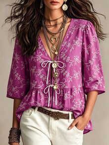 SHEIN LUNE Women's Blue Base White Floral Hollow Embroidery Front Tie Loose 3/4 Sleeve Blouse, Suitable For Commuting, Spring/Summer Daily Wear, Elegant Party, Valentine's Day, Casual Top, Blue Top, Vacation, Beach Vacation Summer Holiday, Commuting, Summer Top, Spring, Inner Layer Top, Summer, Elegant Top, Work Top, Office Wear, Social Top/Work Top, Office - Red Violet - View 1