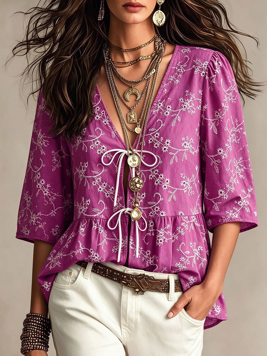 SHEIN LUNE Women's Blue Base White Floral Hollow Embroidery Front Tie Loose 3/4 Sleeve Blouse, Suitable For Commuting, Spring/Summer Daily Wear, Elegant Party, Valentine's Day, Casual Top, Blue Top, Vacation, Beach Vacation Summer Holiday, Commuting, Summer Top, Spring, Inner Layer Top, Summer, Elegant Top, Work Top, Office Wear, Social Top/Work Top, Office - Red Violet - View 1