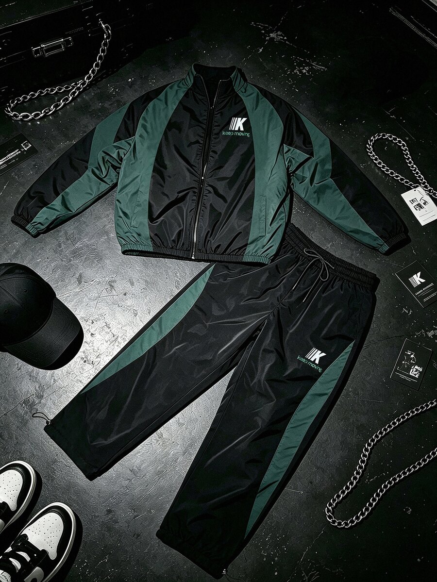 Sport MetroGents Men Colorblock Zip Up Jacket & Tapered Pants Sports Set, Gym - Multicolor - View 1