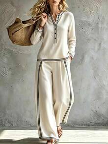 SHEIN Off White Vertical Stripe Contrast Trim 2 Pieces Outfit, Long Sleeve Crop Top & High Waist Wide Leg Trousers Set For Women - Apricot - View 5