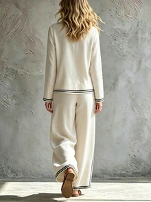 SHEIN Off White Vertical Stripe Contrast Trim 2 Pieces Outfit, Long Sleeve Crop Top & High Waist Wide Leg Trousers Set For Women - Apricot - View 2