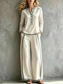 SHEIN Off White Vertical Stripe Contrast Trim 2 Pieces Outfit, Long Sleeve Crop Top & High Waist Wide Leg Trousers Set For Women - Apricot - View 4