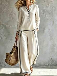 SHEIN Off White Vertical Stripe Contrast Trim 2 Pieces Outfit, Long Sleeve Crop Top & High Waist Wide Leg Trousers Set For Women - Apricot - View 1