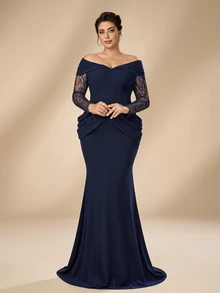 Serin Plus Size Elegant Minimalist Navy Blue Elastic Knit Patchwork Eyelash Lace Ruffle Decor Off Shoulder Mermaid Long Dress, Suitable For Vacation, Wedding Events, Formal Dinner, Mother Of The Bride Gown - Navy Blue - View 3