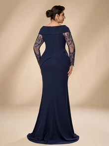 Serin Plus Size Elegant Minimalist Navy Blue Elastic Knit Patchwork Eyelash Lace Ruffle Decor Off Shoulder Mermaid Long Dress, Suitable For Vacation, Wedding Events, Formal Dinner, Mother Of The Bride Gown - Navy Blue - View 2
