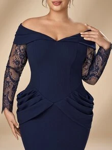 Serin Plus Size Elegant Minimalist Navy Blue Elastic Knit Patchwork Eyelash Lace Ruffle Decor Off Shoulder Mermaid Long Dress, Suitable For Vacation, Wedding Events, Formal Dinner, Mother Of The Bride Gown - Navy Blue - View 6