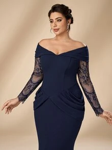 Serin Plus Size Elegant Minimalist Navy Blue Elastic Knit Patchwork Eyelash Lace Ruffle Decor Off Shoulder Mermaid Long Dress, Suitable For Vacation, Wedding Events, Formal Dinner, Mother Of The Bride Gown - Navy Blue - View 5