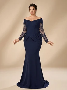 Serin Plus Size Elegant Minimalist Navy Blue Elastic Knit Patchwork Eyelash Lace Ruffle Decor Off Shoulder Mermaid Long Dress, Suitable For Vacation, Wedding Events, Formal Dinner, Mother Of The Bride Gown - Navy Blue - View 4
