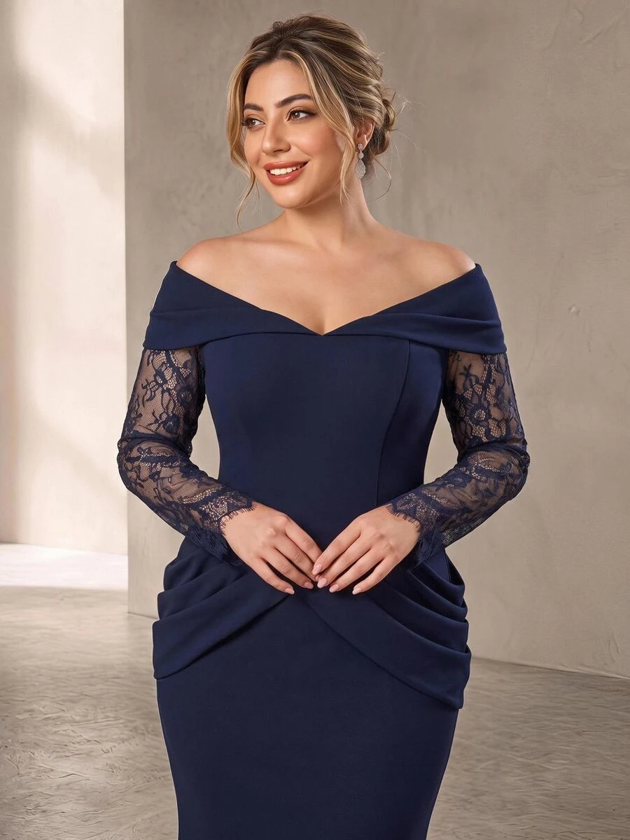 Serin Plus Size Elegant Minimalist Navy Blue Elastic Knit Patchwork Eyelash Lace Ruffle Decor Off Shoulder Mermaid Long Dress, Suitable For Vacation, Wedding Events, Formal Dinner, Mother Of The Bride Gown - Navy Blue - View 1