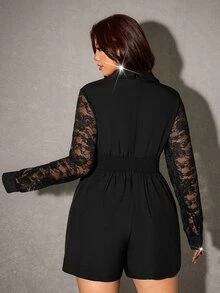 Viva Relle Party Plus Size Casual Vacation Elegant Woven Lace Patchwork Brown Long Sleeve Jumpsuit Fall - Brown - View 2