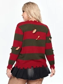 ROMWE Avant Sweater Pullover Pendek Wanita Ukuran Besar dengan Detail Asimetris Bergaris Motif Halloween dan Efek Usang - MultiWarna - View 3
