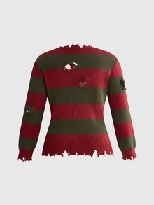 ROMWE Avant Sweater Pullover Pendek Wanita Ukuran Besar dengan Detail Asimetris Bergaris Motif Halloween dan Efek Usang - MultiWarna - View 11