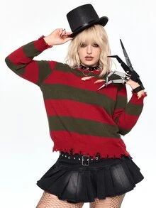 ROMWE Avant Sweater Pullover Pendek Wanita Ukuran Besar dengan Detail Asimetris Bergaris Motif Halloween dan Efek Usang - MultiWarna - View 1