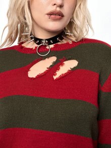 ROMWE Avant Sweater Pullover Pendek Wanita Ukuran Besar dengan Detail Asimetris Bergaris Motif Halloween dan Efek Usang - MultiWarna - View 2