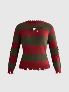 ROMWE Avant Sweater Pullover Pendek Wanita Ukuran Besar dengan Detail Asimetris Bergaris Motif Halloween dan Efek Usang - MultiWarna - View 10